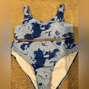 Blue tie dye high rise bikini set